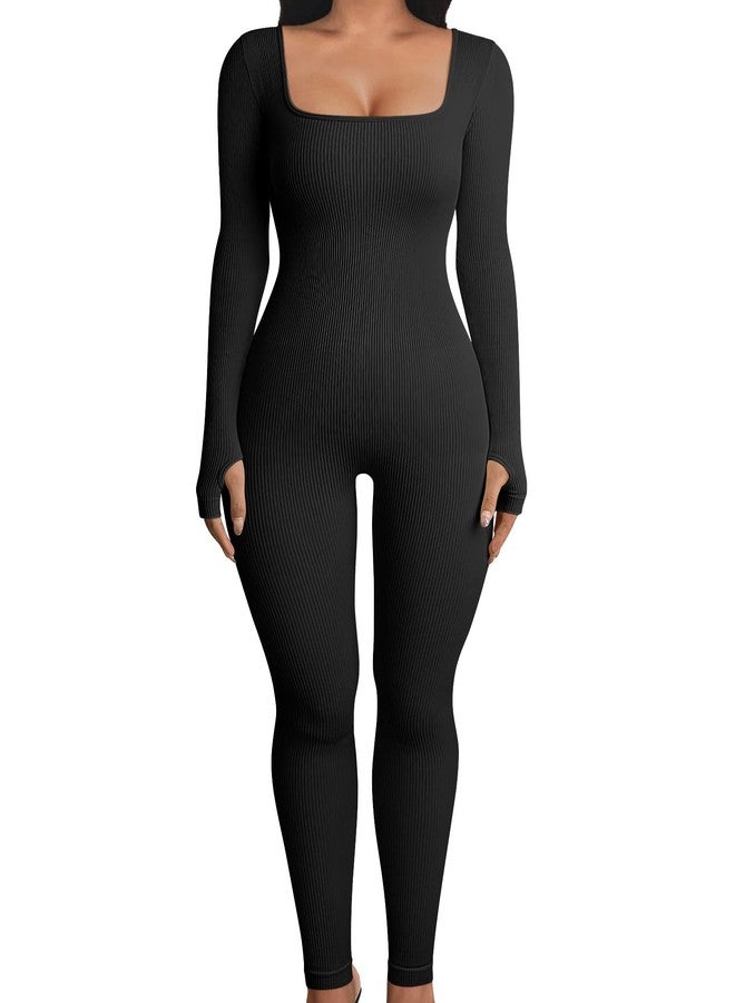 OQQ Women Long Sleeve Yoga Jumpsuits Workout Ribbed Bodysuits Pants Sexy One Piece Black - Image 1